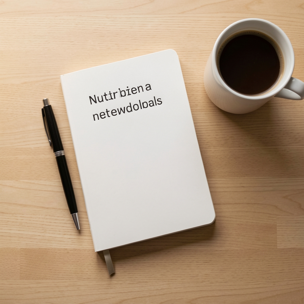 Overhead editorial composition of a nutritional journal notebook, pen, and morning coffee on a clean wooden desk surface