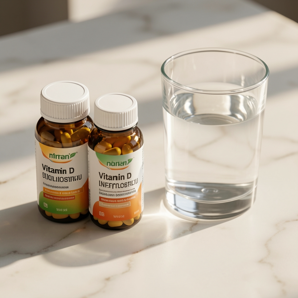 Close-up of vitamin D supplement bottles and a glass of water on a pale marble surface, editorial product composition in morning light