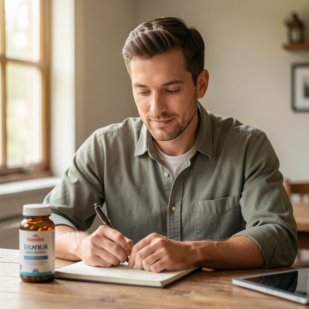 Man journalling at a wooden desk with a supplement bottle nearby, soft morning daylight from a window to the left, editorial portrait composition