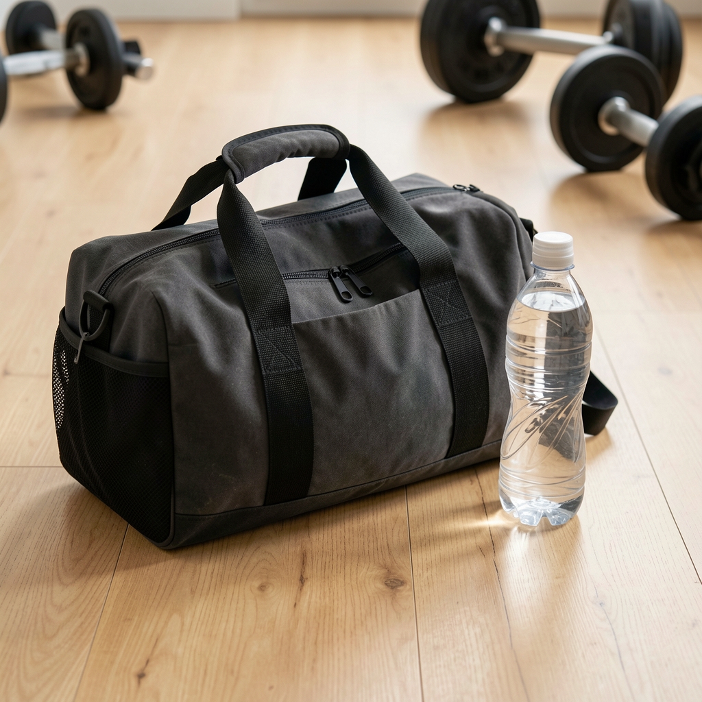 Gym bag and water bottle on a clean wooden floor, editorial flat lay, weights visible in soft background focus