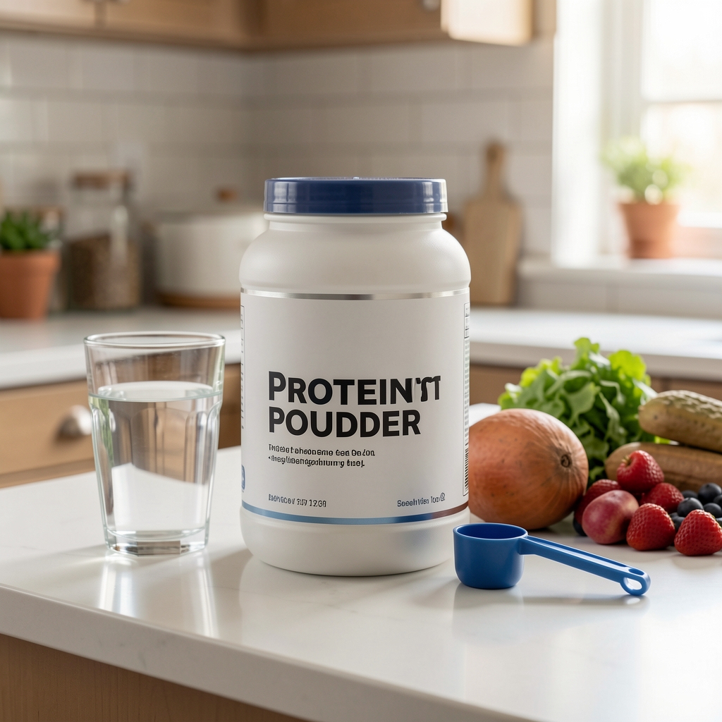 Protein powder container and measuring scoop on a clean kitchen counter with a glass and whole food items, editorial composition in natural light